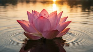 日落时分平静水面上一朵逼真的粉色莲花。 — 莲花 壁纸