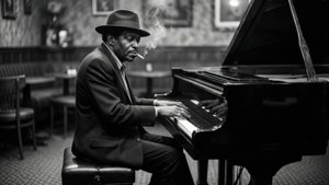 Bobby Blue Bland 在黑色电影风格的酒吧场景中弹奏钢琴。
