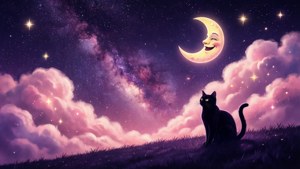 奇幻美学的银河夜空，微笑月亮与猫咪剪影 — 可爱美学动图 壁纸