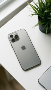 iPhone 12 Pro Max银色版与植物的平铺摄影。