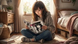 女孩在房间里悠闲阅读漫画的宁静场景。 — 漫画动图 壁纸