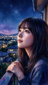 理佳子在阳台仰望星空 — 海浪 壁纸