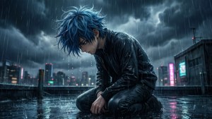 一个悲伤的动漫男孩跪在雨中的屋顶上，低着头，周围是暴风雨中的城市景象。 — 悲伤动漫动图 壁纸