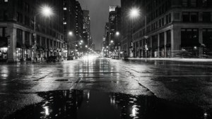 黑白雨夜城市景观，带有倒影，氛围忧郁而富有情调。 — 黑色美学动图 壁纸
