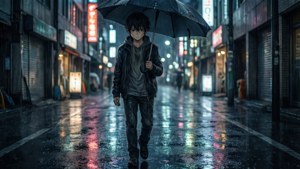 一个悲伤的动漫男孩独自走在夜晚的雨街，浑身湿透。