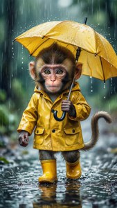 一只可爱的小猴子在下雨天撑着伞行走。 — 可爱猴子 壁纸
