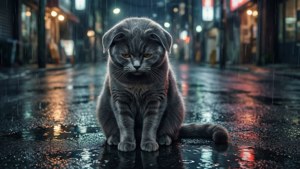 雨中一只孤独的灰色猫咪 — 动漫猫咪 壁纸
