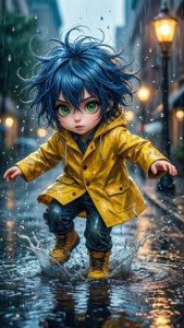 蓝发动漫小孩在雨天的城市街道上欢快地踩水坑。