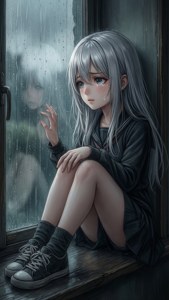 一个悲伤的动漫女孩坐在窗台上，望着窗外的雨，手触摸着玻璃。 — iPhone 8 壁纸