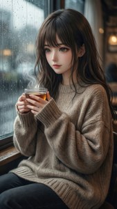 舒适的动漫女孩在雨窗前喝茶。