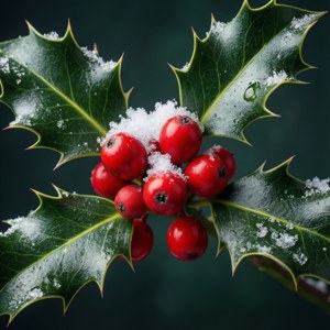 冬青果与雪的微距拍摄，呈现节日红绿配色。 — 圣诞美学 壁纸