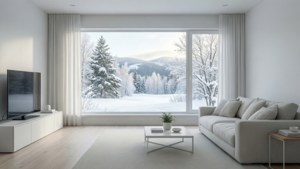 宁静的白色极简客厅，窗外雪景相伴，适合作为平静壁纸。 — 白色美学 壁纸