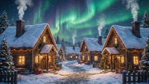 节日雪村，窗户透出暖光，天空泛着绿色极光。 — 绿色天空 壁纸