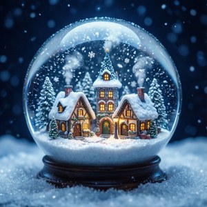 迷人的雪球，内含一个微小的冬日村庄。