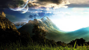 带有两个大月亮的自然奇幻场景壁纸 — 1600x900 壁纸