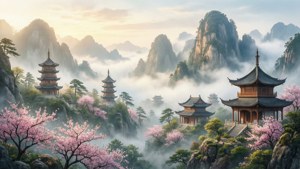 水彩风格的中国山水画，描绘宁静的山峦、宝塔与樱花