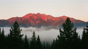 宁静的黎明景象，雾中红色山脉与松树剪影