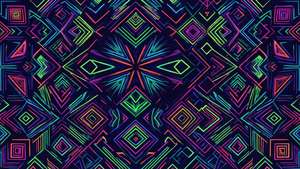 超宽幅现代抽象壁纸中的霓虹几何图案。