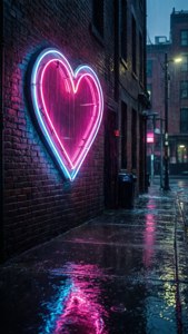 雨夜小巷墙上挂着霓虹心形招牌。 — 爱情美学动图 壁纸