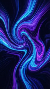 在深色背景上呈现霓虹蓝与紫色漩涡的抽象流体艺术，专为iPhone Xs设计。