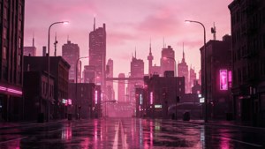 浅粉色美学城市景观，带有霓虹反射效果。 — 黄昏 壁纸