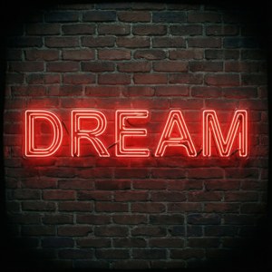 砖墙上鼓舞人心的霓虹红 DREAM 招牌。 — 霓虹红 壁纸