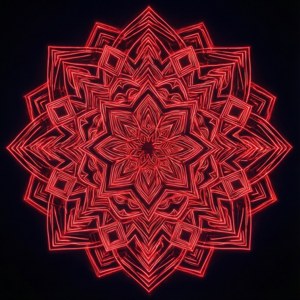 黑色背景上复杂的霓虹红几何曼陀罗，迷幻而冥想的图案设计。 — 霓虹红 壁纸