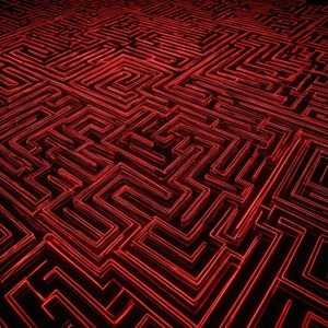 令人着迷的霓虹红色迷宫图案，带有发光线条。 — 霓虹红 壁纸