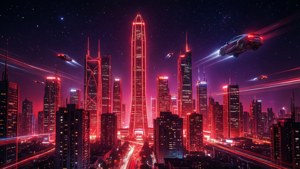 未来风格的霓虹红城市天际线夜景，充满赛博朋克美学。 — 霓虹红 壁纸