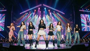 TWICE在霓虹灯光闪耀的活力舞台上表演。 — 两次 壁纸
