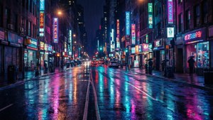 赛博朋克风格的夜间城市街道，霓虹灯闪烁，湿漉漉的地面倒映光影。