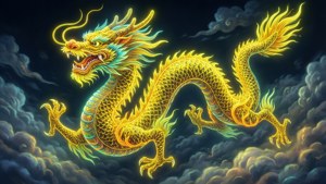 传统中国龙在云中带有霓虹黄色点缀的吉祥壁纸。