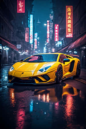 兰博基尼，霓虹黄，城市灯光，夜晚，未来感，都市，湿漉街道，倒影，发光，4K，竖屏壁纸