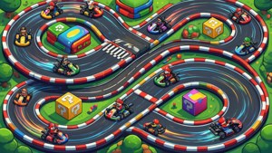 马里奥赛车赛道的等距视图，卡丁车正在竞速。 — 任天堂 壁纸