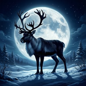 雪夜中，一只驯鹿在满月下的剪影。 — 圣诞美学 壁纸