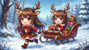 小精灵动漫女孩化身驯鹿拉着装满礼物的雪橇