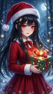 身着圣诞老人服装的动漫少女在雪地森林中手持发光礼物