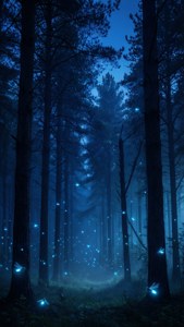 神秘的深蓝色森林，萤火虫发光，高大的松树耸立。 — 深蓝美学动图 壁纸