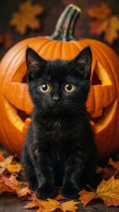 眼睛发光的可爱黑猫，旁边有南瓜和树叶