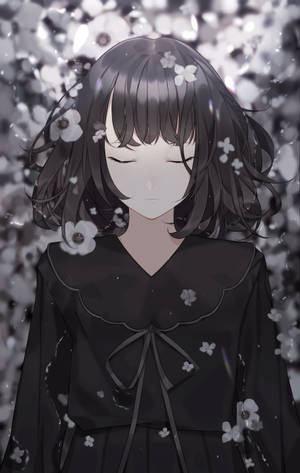 黑白悲伤动漫女孩与花朵 — 华为MatePad Mini 壁纸
