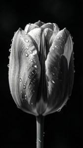 黑白郁金香，雨滴点缀，高对比度，戏剧性阴影，极简风格。 — 花艺美学 壁纸